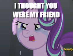 Size: 1809x1383 | Tagged: safe, edit, edited screencap, screencap, character:starlight glimmer, species:pony, species:unicorn, episode:no second prances, g4, my little pony: friendship is magic, betrayal, caption, cropped, crying, discovery family logo, female, floppy ears, image macro, solo, text