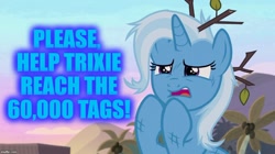 Size: 888x499 | Tagged: safe, edit, edited screencap, screencap, character:trixie, species:pony, species:unicorn, episode:on the road to friendship, bust, caption, female, image macro, impact font, mare, meme, messy mane, meta, open mouth, pleading, raised hoof, solo, text, three quarter view, trixie yells at everything, worried
