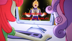 Size: 1256x720 | Tagged: safe, edit, edited screencap, screencap, character:apple bloom, character:sweetie belle, equestria girls:equestria girls, g4, my little pony: equestria girls, my little pony:equestria girls, angry, dragon ball z: battle of gods, french, meme, rage, rage face, screaming, super saiyan, vegeta