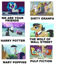 Size: 843x948 | Tagged: safe, edit, edited screencap, screencap, character:applejack, character:discord, character:dj pon-3, character:filthy rich, character:gilda, character:grampa gruff, character:twilight sparkle, character:twilight sparkle (alicorn), character:vinyl scratch, species:alicorn, species:pony, episode:family appreciation day, episode:suited for success, episode:the lost treasure of griffonstone, episode:the saddle row review, episode:three's a crowd, episode:twilight's kingdom, g4, my little pony: friendship is magic, dirty grandpa, harry potter, mary poppins, meme, pulp fiction, the wolf of wall street, we are your friends