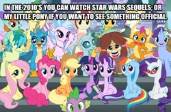 Size: 636x417 | Tagged: safe, edit, edited screencap, screencap, character:applejack, character:fluttershy, character:gallus, character:huckleberry, character:november rain, character:ocellus, character:pinkie pie, character:rainbow dash, character:rarity, character:sandbar, character:silverstream, character:smolder, character:spike, character:starlight glimmer, character:twilight sparkle, character:twilight sparkle (alicorn), character:yona, species:alicorn, species:changedling, species:changeling, species:classical hippogriff, species:dragon, species:earth pony, species:griffon, species:hippogriff, species:pegasus, species:pony, species:reformed changeling, species:unicorn, species:yak, episode:school daze, g4, my little pony: friendship is magic, bow, caption, cast, clothing, cloven hooves, colored hooves, cowboy hat, dragoness, female, friendship student, hair bow, hat, image macro, jewelry, male, mane eight, mane seven, mane six, mare, monkey swings, necklace, op is a duck, reaction image, student six, teenager, text, wall of tags