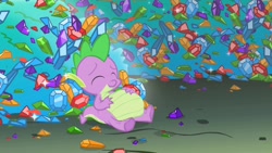 Size: 960x540 | Tagged: safe, edit, edited screencap, screencap, character:spike, episode:owl's well that ends well, g4, my little pony: friendship is magic, belly, big belly, fat, fat edit, fat spike, gem, stuffed