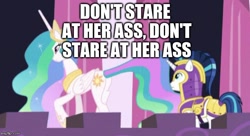 Size: 677x369 | Tagged: safe, edit, edited screencap, screencap, character:princess celestia, character:shining armor, species:pony, episode:sparkle's seven, g4, my little pony: friendship is magic, armor, caption, cropped, don't stare series, eyes on the prize, image macro, implied infidelity, meme, plot, stupid sexy celestia, text