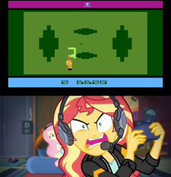 Size: 1920x1995 | Tagged: safe, edit, edited screencap, screencap, character:fluttershy, character:sunset shimmer, episode:game stream, g4, my little pony: equestria girls, my little pony:equestria girls, spoiler:eqg series (season 2), atari, atari 2600, e.t., e.t. the extra-terrestrial, e.t. the video game, gamer sunset, sunset shimmer frustrated at game