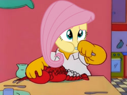 Size: 1005x754 | Tagged: safe, edit, edited screencap, screencap, character:fluttershy, species:pony, equestria girls:equestria girls, g4, my little pony: equestria girls, my little pony:equestria girls, eating, female, homer simpson, lobster, ponies eating seafood, solo, the simpsons