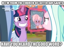 Size: 572x425 | Tagged: safe, edit, edited screencap, screencap, character:dusty pages, character:tender brush, character:twilight sparkle, character:twilight sparkle (alicorn), species:alicorn, species:pony, episode:the point of no return, g4, my little pony: friendship is magic, caption, creepy, creepy smile, faec, image macro, meme, mormon, mormonism, mormons, saddle bag, smiling, text