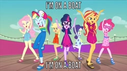 Size: 640x356 | Tagged: safe, edit, edited screencap, screencap, character:applejack, character:fluttershy, character:pinkie pie, character:rainbow dash, character:rarity, character:sunset shimmer, character:twilight sparkle, character:twilight sparkle (scitwi), species:eqg human, episode:i'm on a yacht, g4, my little pony: equestria girls, my little pony:equestria girls, spoiler:eqg series (season 2), caption, humane five, humane seven, humane six, i'm on a boat (the lonely island feat. t-pain), image macro, meme, text, the lonely island