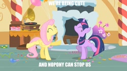 Size: 839x472 | Tagged: safe, edit, edited screencap, screencap, character:fluttershy, character:twilight sparkle, character:twilight sparkle (unicorn), species:pony, species:unicorn, episode:party of one, g4, my little pony: friendship is magic, caption, cute, duo, fireplace, image macro, impact font, log, meme, phonograph, shyabetes, text, text edit, twiabetes