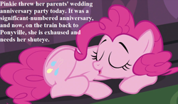 Size: 924x539 | Tagged: safe, edit, edited screencap, screencap, character:pinkie pie, episode:mmmystery on the friendship express, g4, my little pony: friendship is magic, cropped, cute, diapinkes, friendship express, implied cloudy quartz, implied igneous rock pie, implied quartzrock, implied shipping, implied straight, misspelling, sleeping, text