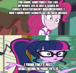 Size: 524x500 | Tagged: safe, edit, edited screencap, screencap, character:pinkie pie, character:twilight sparkle, character:twilight sparkle (scitwi), species:eqg human, episode:overpowered, equestria girls:movie magic, g4, my little pony: equestria girls, my little pony:equestria girls, spoiler:eqg specials, bojack horseman, wrong aspect ratio