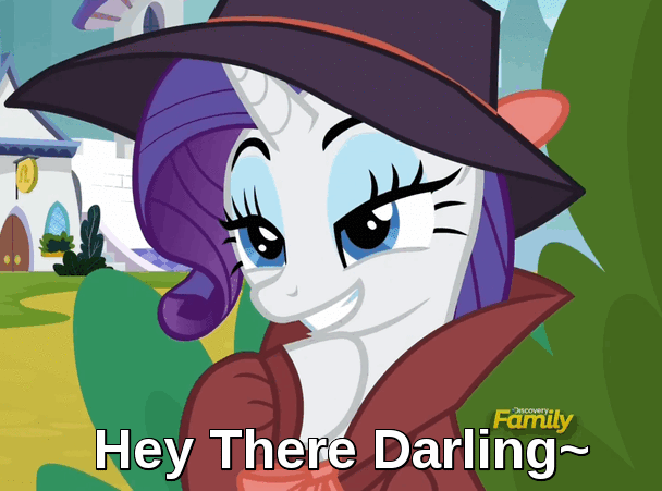 Size: 608x451 | Tagged: safe, edit, edited screencap, screencap, character:rarity, species:pony, species:unicorn, episode:sparkle's seven, g4, my little pony: friendship is magic, animated, bedroom eyes, bow, bronybait, caption, clothing, cropped, cute, darling, detective rarity, discovery family logo, eyebrow wiggle, fedora, female, gif, hat, hoof under chin, lidded eyes, mare, mischievous, raribetes, reaction image, sexy, smiling, solo, text, trenchcoat