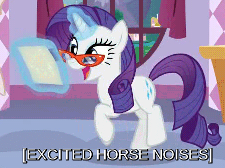 Size: 449x335 | Tagged: safe, edit, edited screencap, screencap, character:rarity, species:pony, species:unicorn, episode:canterlot boutique, g4, my little pony: friendship is magic, animated, caption, cute, descriptive noise, excited, female, gif, gif with captions, glasses, glasses rarity, glowing horn, happy, hnnng, horse noises, horses doing horse things, levitation, magic, mare, paper, prancing, rarara, raribetes, rarity's glasses, silly, silly pony, smiling, solo, telekinesis, trotting, trotting in place, wahaha