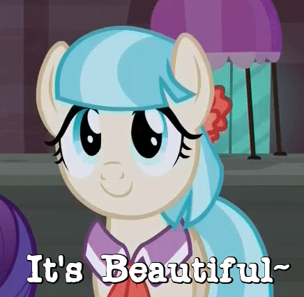 Size: 436x426 | Tagged: safe, edit, edited screencap, screencap, character:coco pommel, character:rarity, species:earth pony, species:pony, episode:made in manehattan, g4, my little pony: friendship is magic, animated, artist unknown (spongebob episode), caption, cocobetes, cute, dawwww, eye shimmer, eyes closed, female, gif, gif with captions, happy, hnnng, it's beautiful, mare, offscreen character, open mouth, reaction image, solo, spongebob squarepants, squee, weapons-grade cute