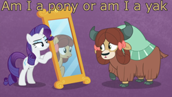 Size: 1920x1080 | Tagged: safe, edit, edited screencap, screencap, character:rarity, character:yona, species:earth pony, species:pony, species:unicorn, species:yak, episode:she's all yak, g4, my little pony: friendship is magic, bow, caption, cloven hooves, duo, existential crisis, female, hair bow, image macro, man or muppet, mare, mirror, ponified, pony yona, purple background, raised hoof, simple background, species swap, text, the muppets