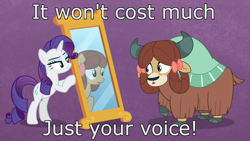 Size: 1920x1080 | Tagged: safe, edit, edited screencap, screencap, character:rarity, character:yona, species:earth pony, species:pony, species:unicorn, species:yak, episode:she's all yak, g4, my little pony: friendship is magic, bow, caption, cloven hooves, duo, female, fit right in, hair bow, image macro, mare, mirror, movie reference, ponified, pony yona, poor unfortunate souls, purple background, simple background, song reference, species swap, text, the little mermaid