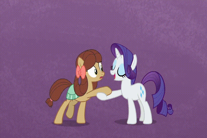 Size: 720x480 | Tagged: safe, edit, screencap, character:rarity, character:yona, species:earth pony, species:pony, species:unicorn, species:yak, episode:she's all yak, g4, my little pony: friendship is magic, animated, bow, cloven hooves, duo, female, fit right in, gif, hair bow, mare, mirror, ponified, pony yona, purple background, reversed, simple background, species swap