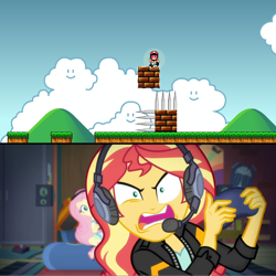 Size: 1920x1922 | Tagged: safe, edit, screencap, character:fluttershy, character:sunset shimmer, episode:game stream, g4, my little pony: equestria girls, my little pony:equestria girls, spoiler:eqg series (season 2), controller, crossover, death, headphones, mario, nintendo, screaming, spikes, sunset shimmer frustrated at game, super mario bros., unfair mario