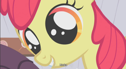 Size: 856x472 | Tagged: safe, edit, edited screencap, screencap, character:apple bloom, species:earth pony, species:pony, episode:call of the cutie, g4, my little pony: friendship is magic, caption, female, filly, solo, youtube caption