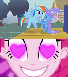 Size: 1920x2160 | Tagged: safe, edit, edited screencap, screencap, character:pinkie pie, character:rainbow dash, character:trixie, ship:trixdash, episode:boast busters, episode:coinky-dink world, eqg summertime shorts, g4, my little pony: equestria girls, my little pony: friendship is magic, my little pony:equestria girls, blush sticker, blushing, female, heart eyes, lesbian, meme, pinkie's eyes, shipping, wingding eyes