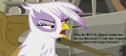Size: 1280x576 | Tagged: safe, edit, edited screencap, screencap, character:gilda, episode:the lost treasure of griffonstone, g4, my little pony: friendship is magic, angry, catnip, censored vulgarity, cropped, dialogue, grawlixes