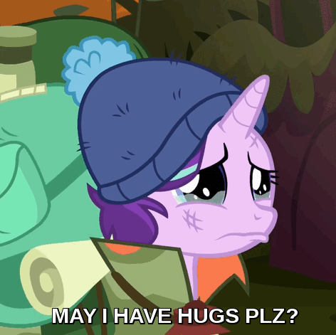 Size: 472x471 | Tagged: safe, edit, edited screencap, screencap, character:starlight glimmer, species:pony, species:unicorn, episode:the mean 6, g4, my little pony: friendship is magic, animated, bronybait, camping outfit, caption, cropped, crying, cute, eye shimmer, female, gif, glimmerbetes, hug request, loop, mare, sad, sadorable, solo, teary eyes, text, wavy mouth
