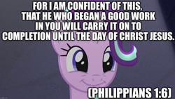 Size: 1280x720 | Tagged: safe, edit, edited screencap, screencap, character:starlight glimmer, species:pony, species:unicorn, episode:no second prances, g4, my little pony: friendship is magic, bible verse, caption, christianity, cute, female, glimmerbetes, image macro, jesus christ, mare, motivational, philippians, religion, smiling, text