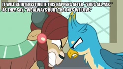 Size: 800x450 | Tagged: safe, edit, edited screencap, screencap, character:gallus, character:yona, episode:school daze, g4, my little pony: friendship is magic, caption, image macro, implied gallbar, implied gay, implied shipping, implied straight, implied yonabar, love, shipping war, text