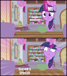 Size: 1300x1470 | Tagged: safe, edit, edited screencap, screencap, character:twilight sparkle, character:twilight sparkle (alicorn), species:alicorn, species:pony, episode:starlight the hypnotist, spoiler:interseason shorts, book, caption, eating, female, glowing horn, image macro, insect, ladybug, magic, mare, meme, solo, spoon, table, text