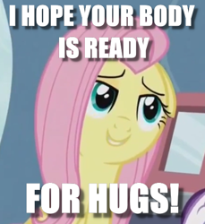 Size: 437x478 | Tagged: safe, edit, edited screencap, screencap, character:fluttershy, episode:tanks for the memories, g4, my little pony: friendship is magic, caption, cropped, female, image macro, meme, painfully innocent fluttershy, solo, text