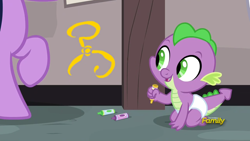 Size: 1920x1080 | Tagged: safe, edit, edited screencap, screencap, character:spike, character:twilight sparkle, species:dragon, episode:sparkle's seven, g4, my little pony: friendship is magic, baby, baby dragon, baby spike, crayon, crayon drawing, cthulhu mythos, cute, dawwww, diaper, discovery family logo, happy, innocent, offscreen character, smiling, spikabetes, the yellow sign, traditional art