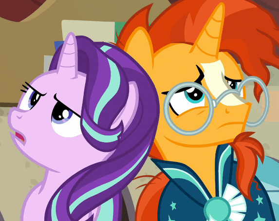 Size: 573x454 | Tagged: safe, edit, edited screencap, screencap, character:starlight glimmer, character:sunburst, species:pony, species:unicorn, episode:the parent map, g4, animated, cropped, duo, facial hair, female, frown, gif, glasses, goatee, male, mare, open mouth, sigh, stallion, unamused
