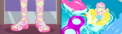 Size: 1440x404 | Tagged: safe, edit, edited screencap, screencap, character:fluttershy, episode:i'm on a yacht, episode:so much more to me, g4, my little pony: equestria girls, my little pony:equestria girls, spoiler:eqg series (season 2), barefoot, feet, floaty, flutterfeet, foot focus, open-toed shoes, soles, swimming pool, toes, water, wiggling toes