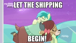 Size: 800x450 | Tagged: safe, edit, edited screencap, screencap, character:sandbar, character:yona, species:earth pony, species:pony, species:yak, ship:yonabar, episode:she's all yak, g4, my little pony: friendship is magic, bow, caption, cloven hooves, discovery family logo, female, hair bow, hug, image macro, interspecies, male, monkey swings, raised leg, shipping, shooting star, straight, teenager, text