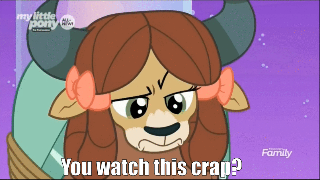 Size: 1124x633 | Tagged: safe, edit, edited screencap, screencap, character:yona, species:yak, episode:she's all yak, g4, my little pony: friendship is magic, dialogue, discovery family logo, female, frown, rope, solo, unamused, vulgar, yona is not amused