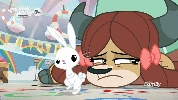 Size: 600x338 | Tagged: safe, edit, edited screencap, screencap, character:angel bunny, character:yona, species:rabbit, species:yak, episode:she's all yak, g4, my little pony: friendship is magic, animated, bow, butt shake, cloven hooves, dancing, everyday i'm shufflin', female, frown, gif, hair bow, lidded eyes, lmfao, male, monkey swings, party rock anthem (lmfao feat. lauren bennett & goonrock), shuffle, yona is not amused