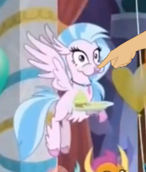 Size: 448x528 | Tagged: safe, edit, edited screencap, screencap, character:silverstream, character:smolder, species:classical hippogriff, species:hippogriff, episode:she's all yak, g4, my little pony: friendship is magic, boop, boop edit, cropped, female, finger, hand, puffy cheeks, solo focus