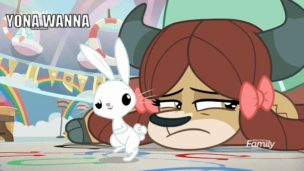 Size: 600x338 | Tagged: safe, edit, edited screencap, screencap, character:angel bunny, character:yona, species:rabbit, species:yak, episode:she's all yak, g4, my little pony: friendship is magic, animated, bow, cloven hooves, dialogue, female, hair bow, male, monkey swings