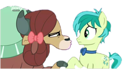 Size: 720x398 | Tagged: safe, edit, edited screencap, screencap, character:sandbar, character:yona, species:earth pony, species:pony, species:yak, ship:yonabar, episode:she's all yak, g4, my little pony: friendship is magic, bow, cloven hooves, discovery family logo, female, hair bow, implied kiss, implied kissing, interspecies, male, monkey swings, shipping, simple background, straight, transparent background