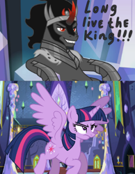 Size: 350x450 | Tagged: safe, edit, edited screencap, screencap, character:king sombra, character:twilight sparkle, character:twilight sparkle (alicorn), species:alicorn, species:pony, species:unicorn, episode:the beginning of the end, g4, my little pony: friendship is magic, sitting, stupid sexy sombra, throne, vector