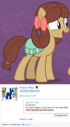 Size: 427x775 | Tagged: safe, edit, edited screencap, screencap, character:yona, oc, oc:power play, species:earth pony, species:pony, episode:she's all yak, g4, my little pony: friendship is magic, bow, comments, cropped, cute, female, hair bow, mare, open mouth, ponified, pony yona, purple background, simple background, smiling, species swap, yonadorable