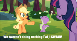Size: 1067x575 | Tagged: safe, edit, edited screencap, screencap, character:applejack, character:spike, character:twilight sparkle, species:dragon, species:earth pony, species:pony, episode:spike at your service, g4, my little pony: friendship is magic, caption, female, male, mare, missing cutie mark, out of context, raised leg