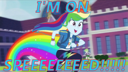 Size: 800x450 | Tagged: safe, edit, edited screencap, screencap, character:cherry crash, character:mystery mint, character:normal norman, character:rainbow dash, character:scott green, character:sophisticata, species:bird, episode:run to break free, g4, my little pony: equestria girls, my little pony:equestria girls, spoiler:eqg series (season 2), background human, canterlot high, cherry crash, clothing, converse, cute, dashabetes, female, geode of super speed, golden hazel, image macro, implied drugs, magical geodes, male, rainbow trail, running, scott green, shoes, slow motion, solo focus, sophisticata, stairs, text