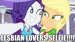 Size: 1280x720 | Tagged: safe, edit, edited screencap, screencap, character:applejack, character:rarity, ship:rarijack, episode:camping must-haves, g4, my little pony: equestria girls, my little pony:equestria girls, spoiler:eqg series (season 2), caption, excessive exclamation marks, female, image macro, lesbian, rarity's bedroom, selfie, shipping, text