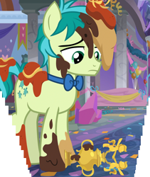 Size: 1970x2329 | Tagged: safe, edit, edited screencap, screencap, character:sandbar, species:earth pony, species:pony, episode:she's all yak, g4, my little pony: friendship is magic, balloon, bow tie, composite screencap, crystal, food, male, mess, messy, panorama, sad, stallion, streamers, trophy