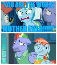 Size: 1265x1453 | Tagged: safe, edit, edited screencap, screencap, character:bow hothoof, character:rainbow dash, character:windy whistles, species:pony, episode:parental glideance, g4, my little pony: friendship is magic, abuse, crying, downvote bait, excessive exclamation marks, op is a duck, op is trying to start shit, ouch, rainbow dash's parents, rainbow douche, sad, why, windybuse