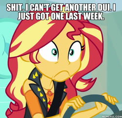 Size: 600x578 | Tagged: safe, edit, edited screencap, screencap, character:sunset shimmer, episode:driving miss shimmer, g4, my little pony: equestria girls, my little pony:equestria girls, cropped, driving miss shimmer: fluttershy, female, impact font, solo