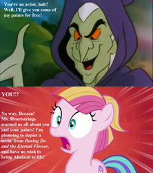 Size: 1280x1440 | Tagged: safe, edit, edited screencap, screencap, character:toola roola, episode:fame and misfortune, episode:the revolt of paradise estate, g1, g4, my little pony 'n friends, my little pony: friendship is magic, beezen, dialogue, g1 to g4, generation leap, implied ahuizotl, implied daring do, implied lyra, shocked, toola roola will be painting away