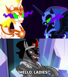 Size: 1280x1440 | Tagged: safe, edit, edited screencap, screencap, character:daybreaker, character:king sombra, character:nightmare moon, character:princess celestia, character:princess luna, species:pony, species:unicorn, episode:the beginning of the end, g4, my little pony: friendship is magic, alternate universe, chair, curved horn, hidden wings, horn, hungry, implied alicorn, implied polyamory, implied shipping, implied threesome, it's good to be the king, long live the king, seductive look, seductive pose, sitting, slouching, sombra eyes, stupid sexy sombra, this will end in snu snu, throne, xk-class end-of-the-world scenario