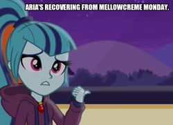 Size: 690x500 | Tagged: safe, edit, edited screencap, screencap, character:aria blaze, character:sonata dusk, equestria girls:rainbow rocks, g4, my little pony: equestria girls, my little pony:equestria girls, caption, clothing, diner, female, gem, hoodie, image macro, jewelry, necklace, siren gem, solo, text