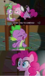Size: 1908x3232 | Tagged: safe, edit, edited screencap, screencap, character:gummy, character:pinkie pie, character:spike, ship:pinkiespike, episode:party of one, g4, my little pony: friendship is magic, female, interrogation, male, shipping, spotlight, straight